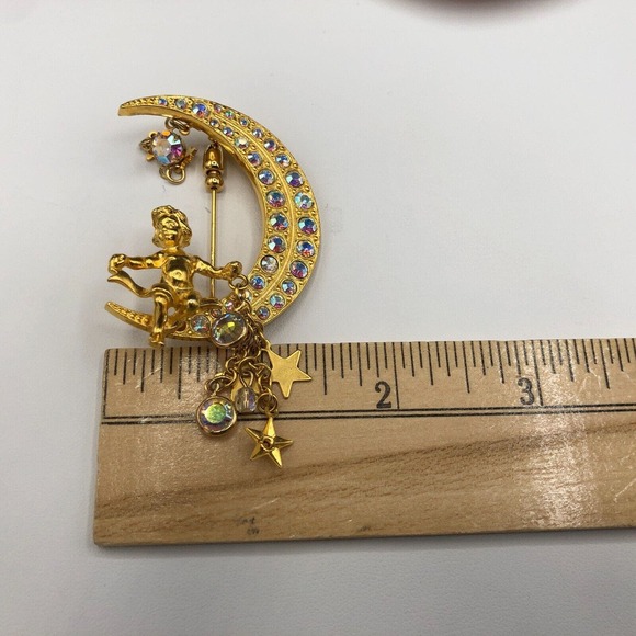 Kirks Folly Brooch Cherub Riding AB Moon Star Charms Vintage Boxed Gold Tone Pin - Picture 9 of 12